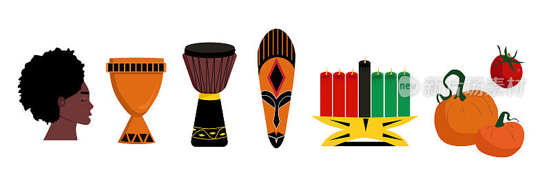 宽扎节的象征和思想。七根蜡烛和点燃仪式(Mishuma Saba)。团结杯和面具。庆祝活动海报。非裔美国人文化和丰收传统的节日。
